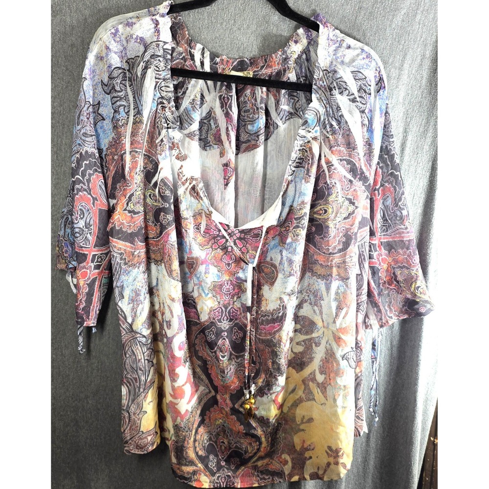 Energe World Wear‎ Paisley Tunic Top Plus Size 1X Boho V-Neck Tie Chiffon Flowy